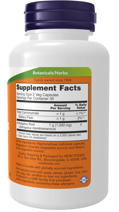 Retro di un flacone bianco. Scritta: Supplement Facts. Contiene Astragalus Root. Informazioni sugli ingredienti.