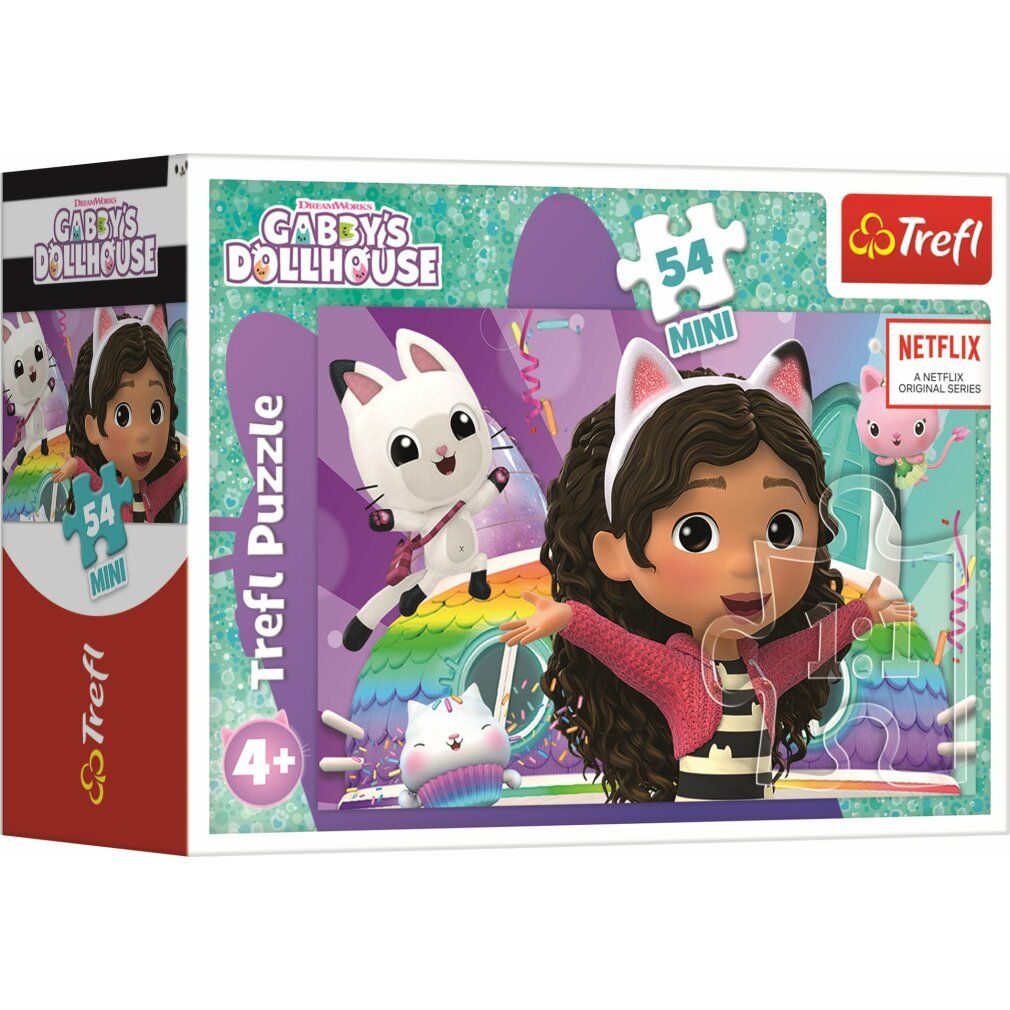 Scatola puzzle Gabby's Dollhouse. Illustrazione: Gabby, gatto, 54 pezzi, Netflix. Marchio: Trefl. Età consigliata: 4+.
