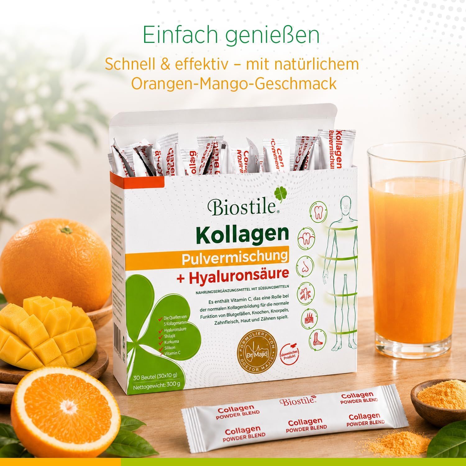 Confezione Biostile Collagen Pulvermix + Acido Ialuronico con bustine aperte, arance e mango.