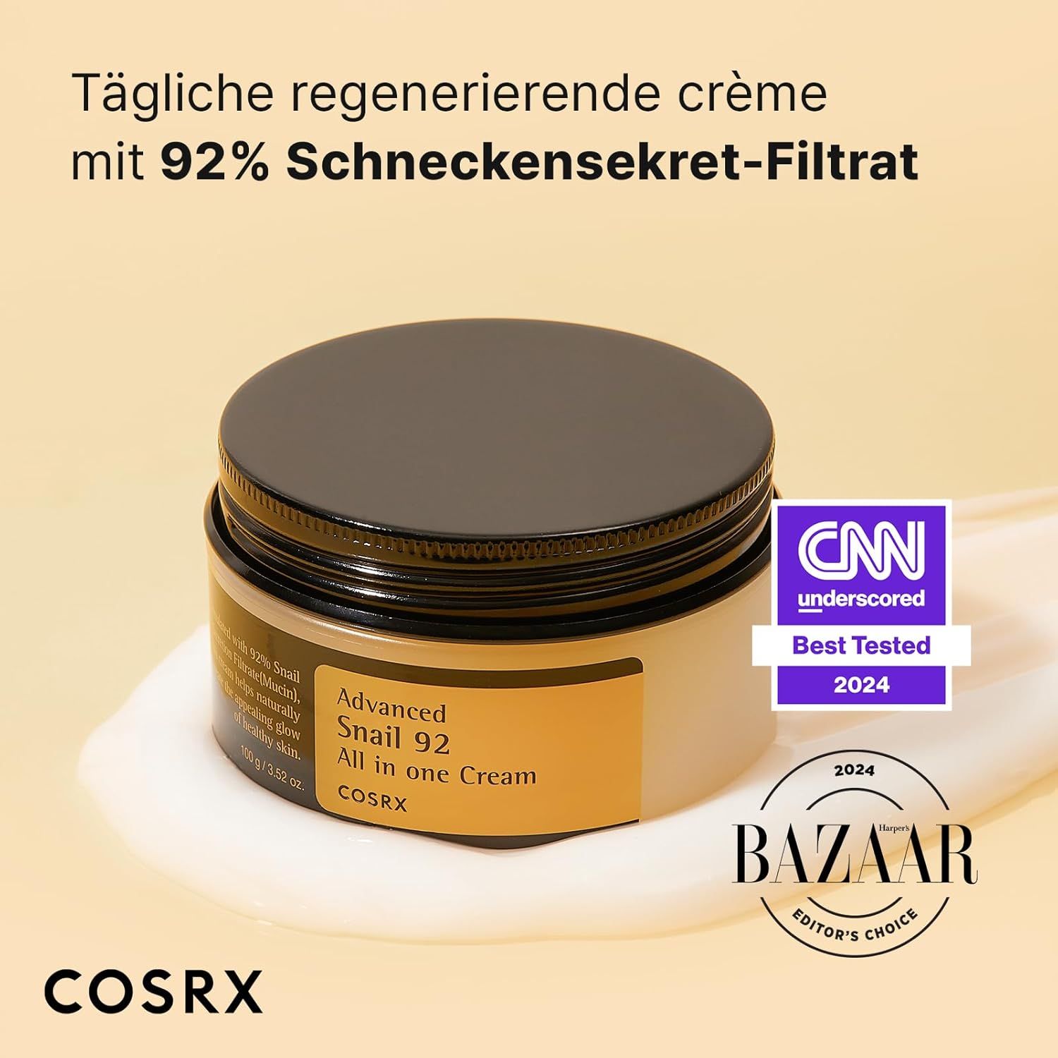 Vasetto di crema con coperchio nero. Scritta: Advanced Snail 92 All in one Cream. Riconoscimenti: CNN e Bazaar.