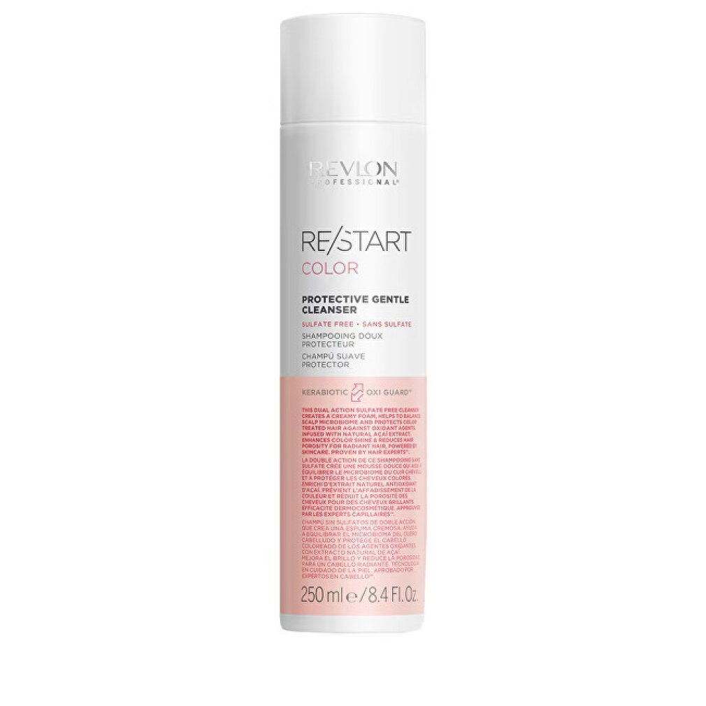 Flacone bianco con etichetta rosa. Scritta: Revlon, Re/Start Color, Protective Gentle Cleanser. 250 ml.