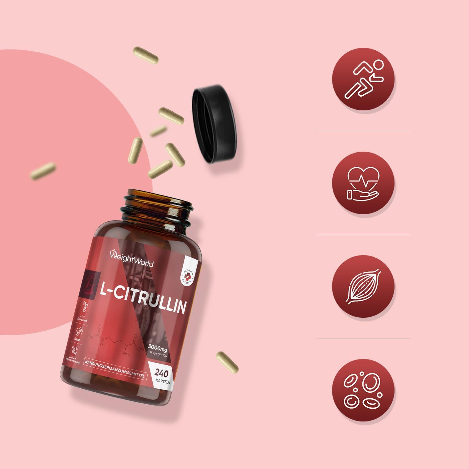 Flacone marrone di capsule L-Citrullina. Scritta: WeightWorld, L-Citrullina, 240 capsule. Capsule che cadono dal flacone.