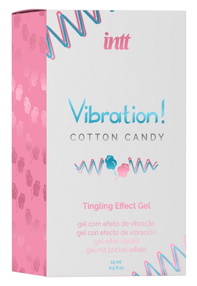 Scatola bianca con dettagli rosa. Scritta: Vibration! Cotton Candy Tingling Effect Gel. Marchio: INTT. 15 ml.