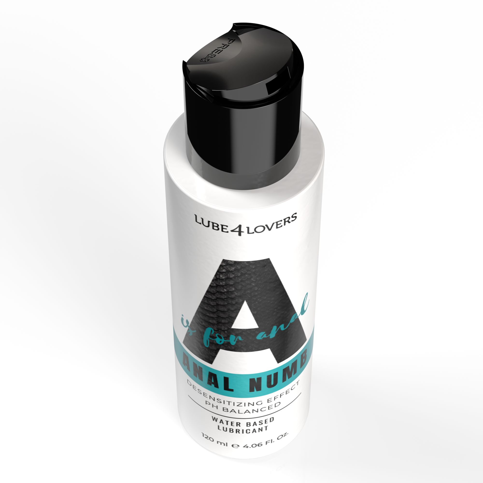 Flacone bianco con tappo nero. Scritta: A is for anal Numb. Vista prospettica.