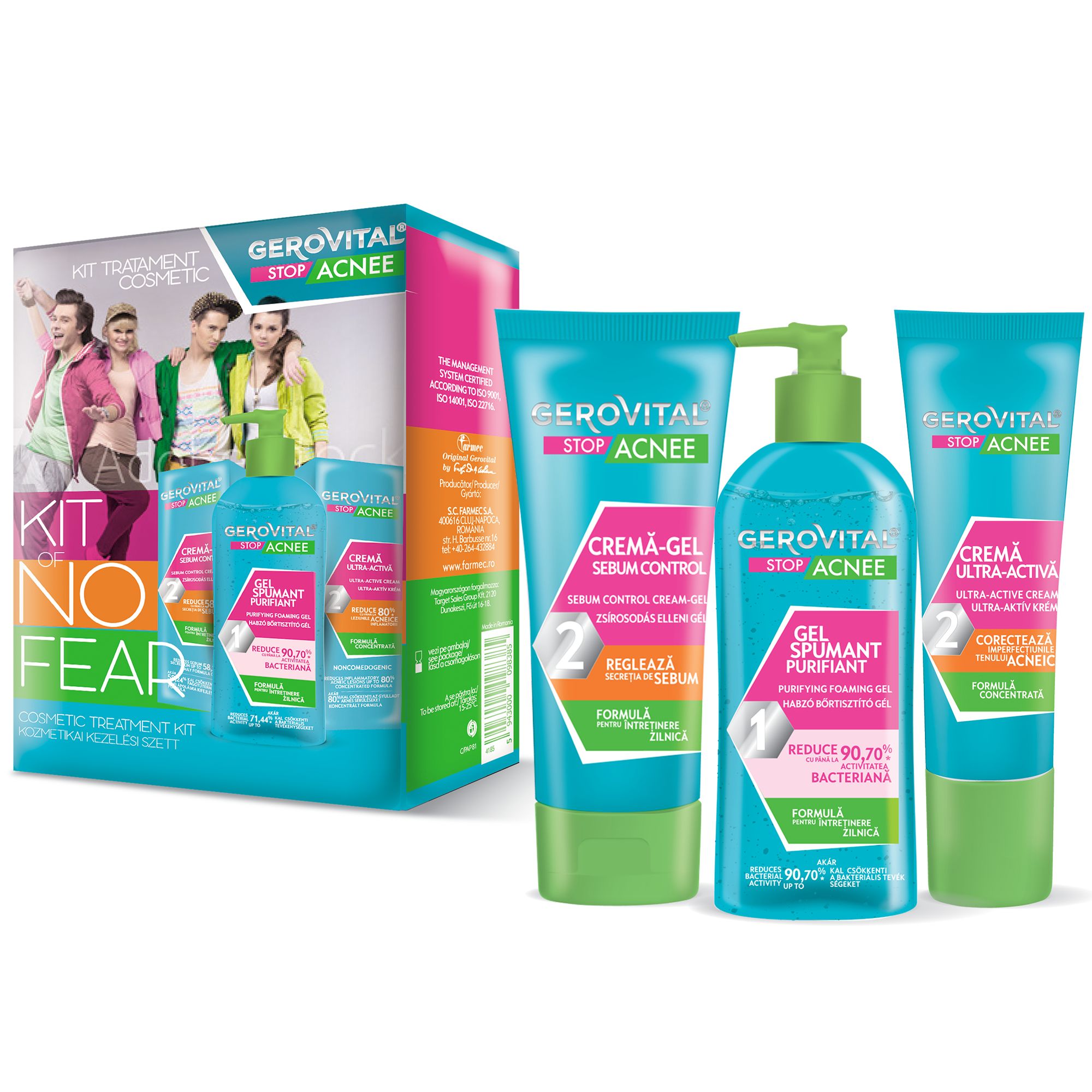 Kit Gerovital Stop Acnee. Gel detergente, crema e trattamento. Confezione con immagini di prodotti e persone. Rosa, verde e blu.
