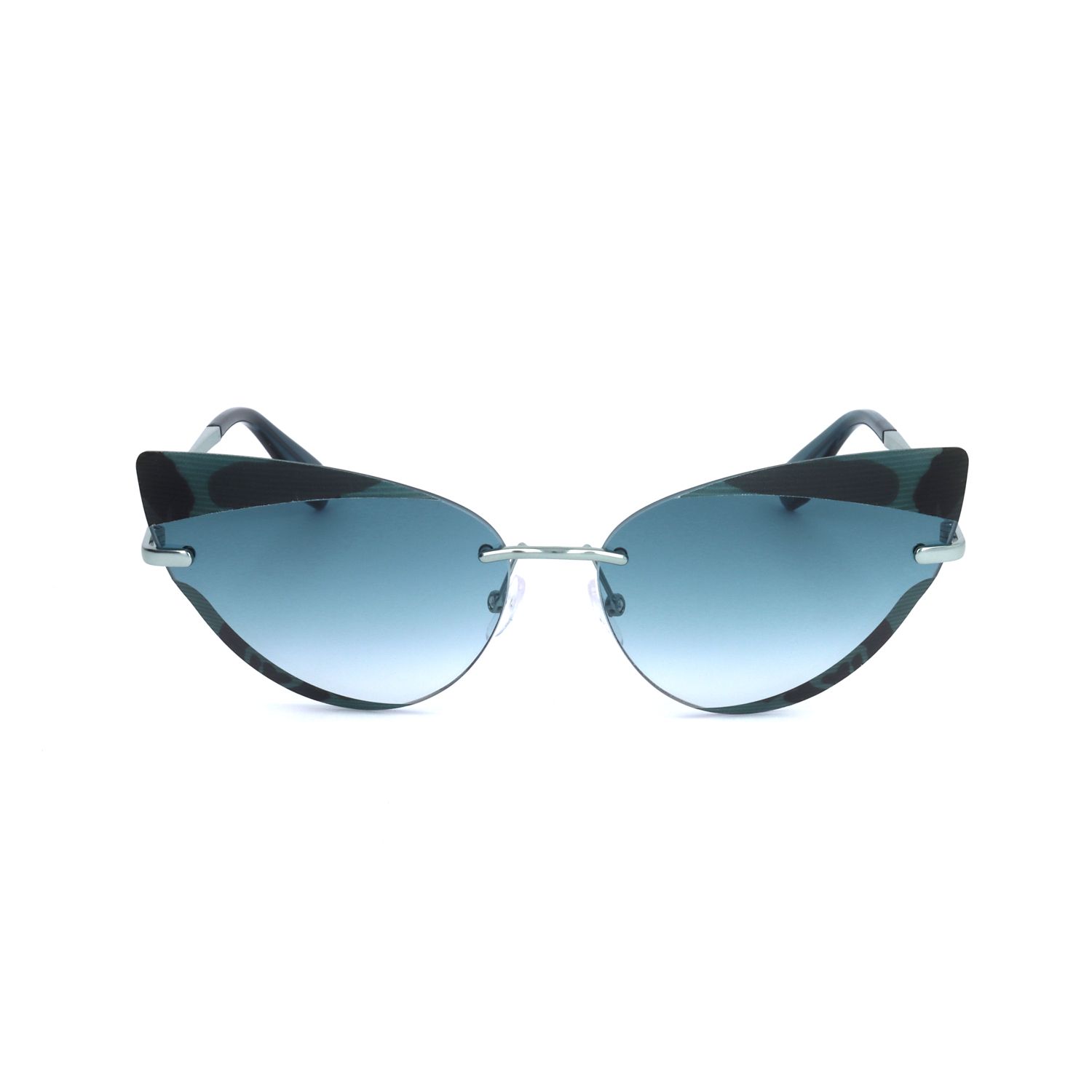 Occhiali da sole senza montatura con lenti blu e forma a occhio di gatto.