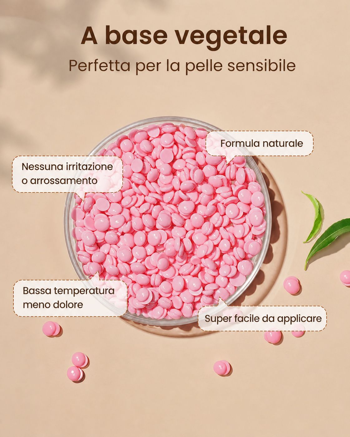 Contenitore rotondo con perle di cera rosa. Testo: A base vegetale. Formula, nessuna irritazione, bassa temperatura, facile da applicare.