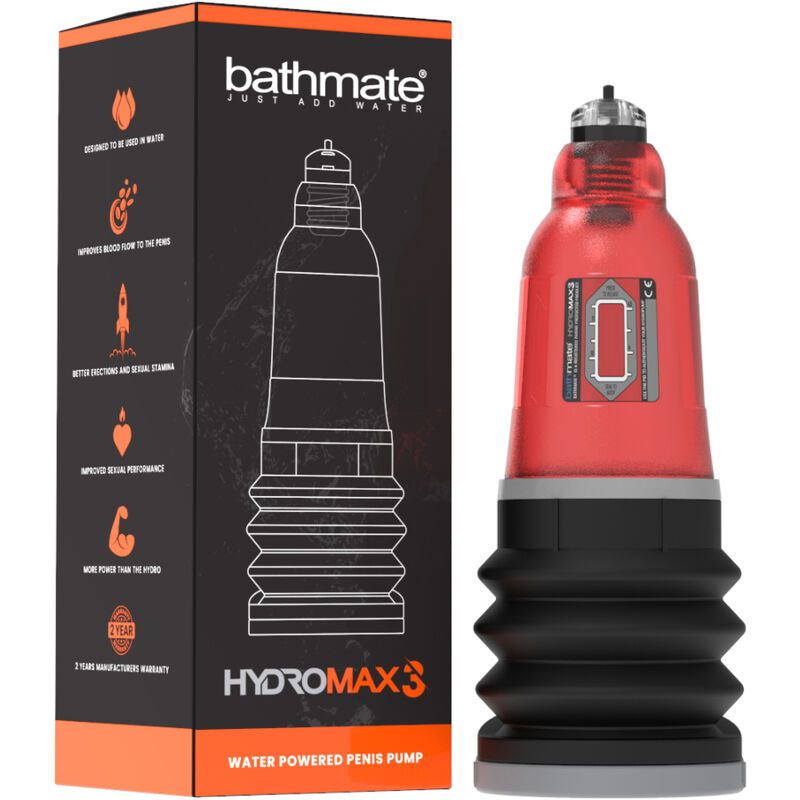 Pompa rossa Bathmate Hydromax3 e confezione con benefici prodotto.
