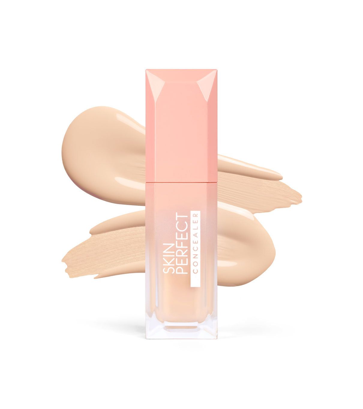 Flacone di correttore con tappo rosa pallido e contenitore trasparente, circondato da campioni beige chiaro.