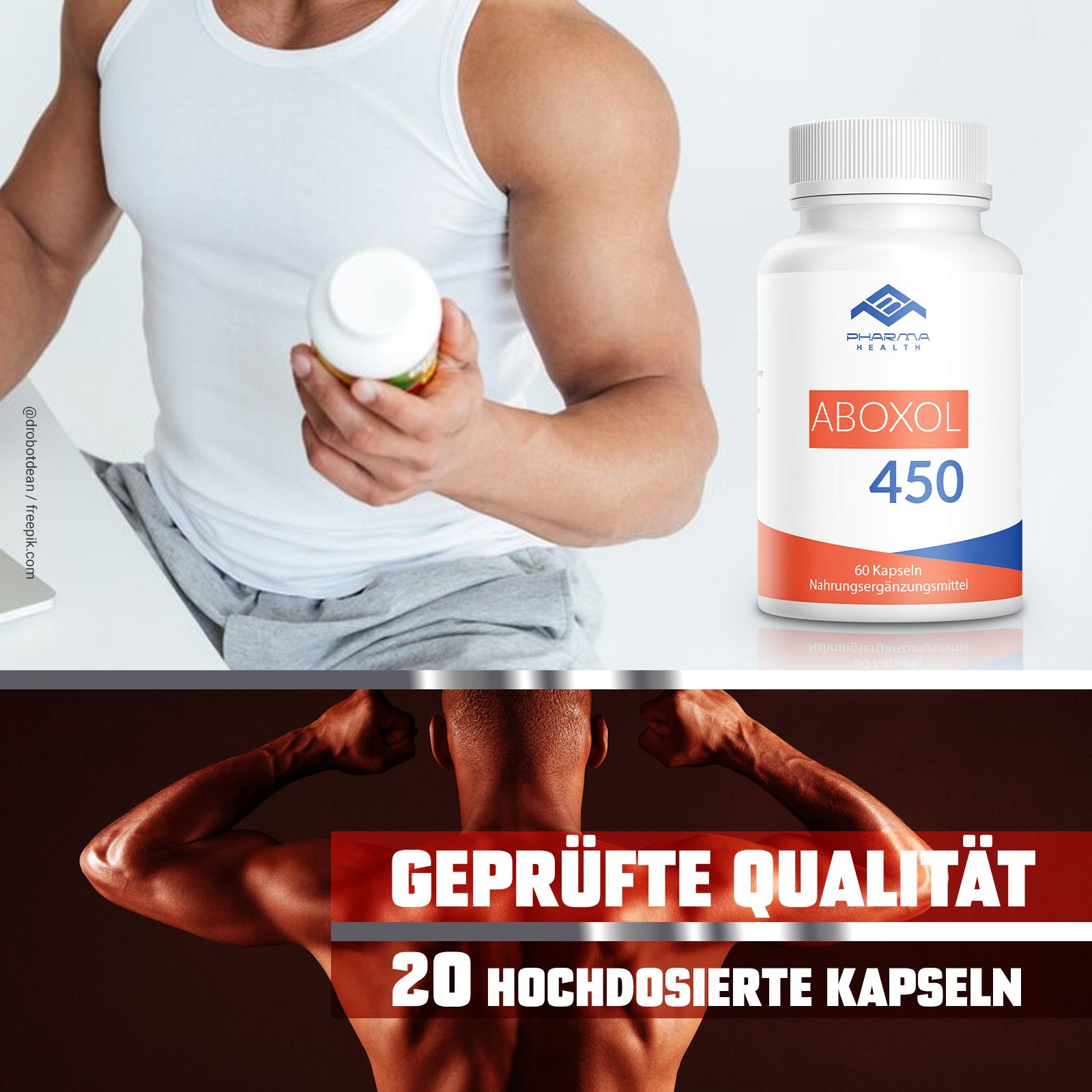 Uomo tiene flacone capsule Aboxol 450. Sotto: uomo muscoloso braccia tese. Qualità testata, 20 capsule.