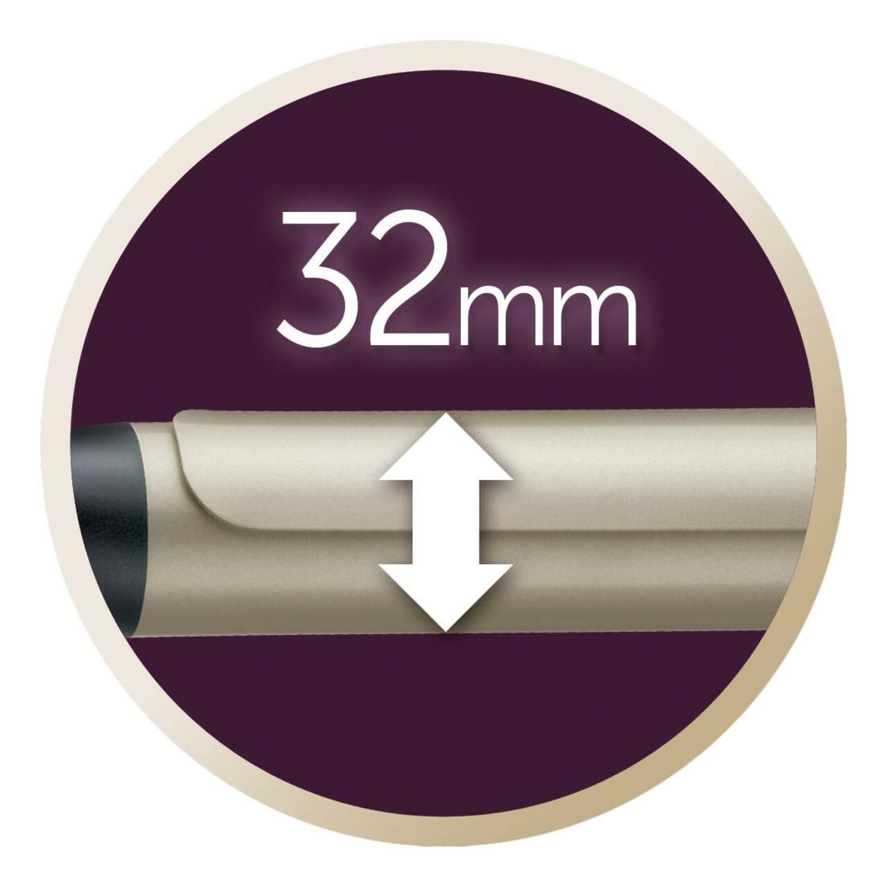 Primo piano dell'arricciacapelli. Diametro 32 mm. Le frecce indicano la dimensione.