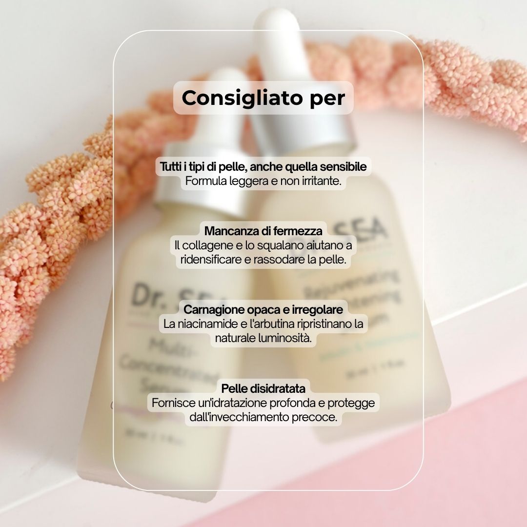 Flaconi di siero con testo. Scritta: Dr. SEA, Multi-Concentrated Serum, Collagen & Squalane. 30 ml | 1 fl.oz. Testo sulle raccomandazioni.