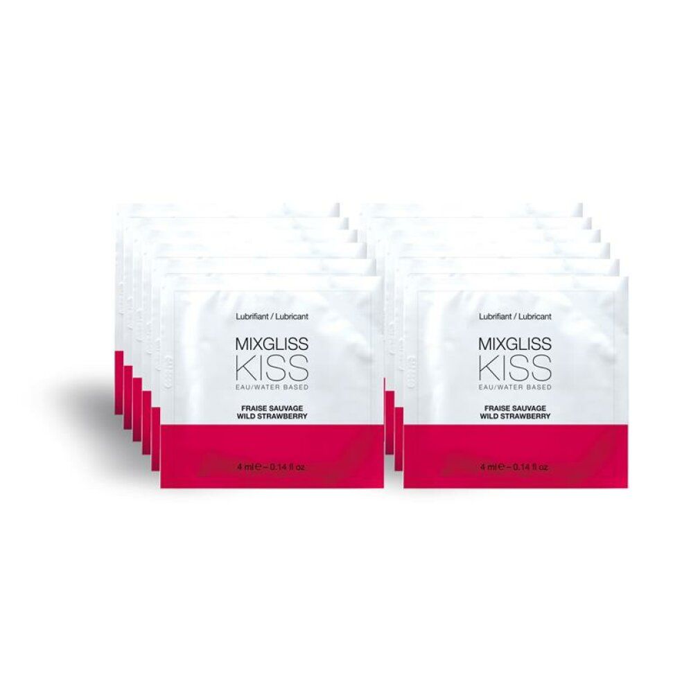Confezioni singole con banda rossa e nome del prodotto. Testo: Mixgliss Kiss, Fraise Sauvage, a base d'acqua.