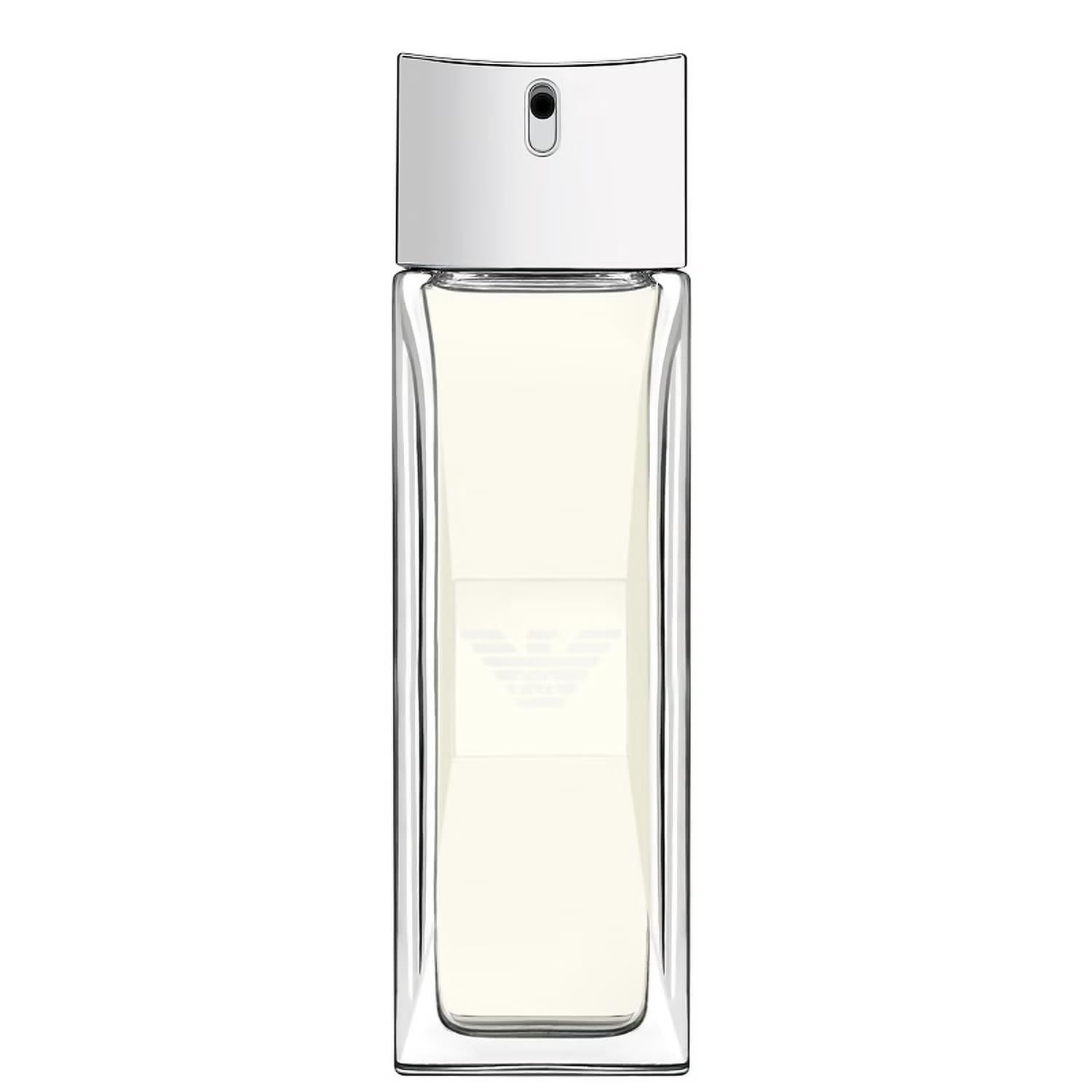 Flacone rettangolare di Emporio Armani Diamonds for Men. Flacone trasparente con tappo argentato e logo.