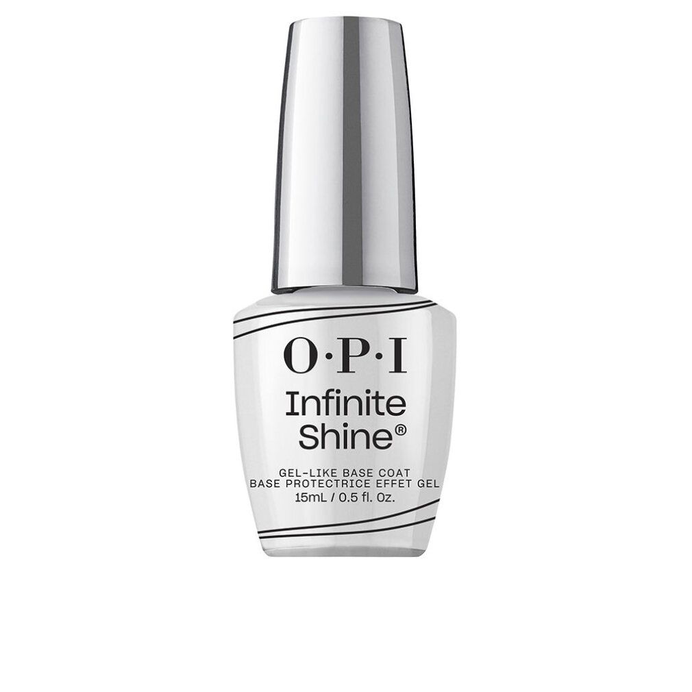 Flacone OPI Infinite Shine Base Coat. Tappo argentato. Scritta: O.P.I, Infinite Shine, Gel-Like Base Coat.