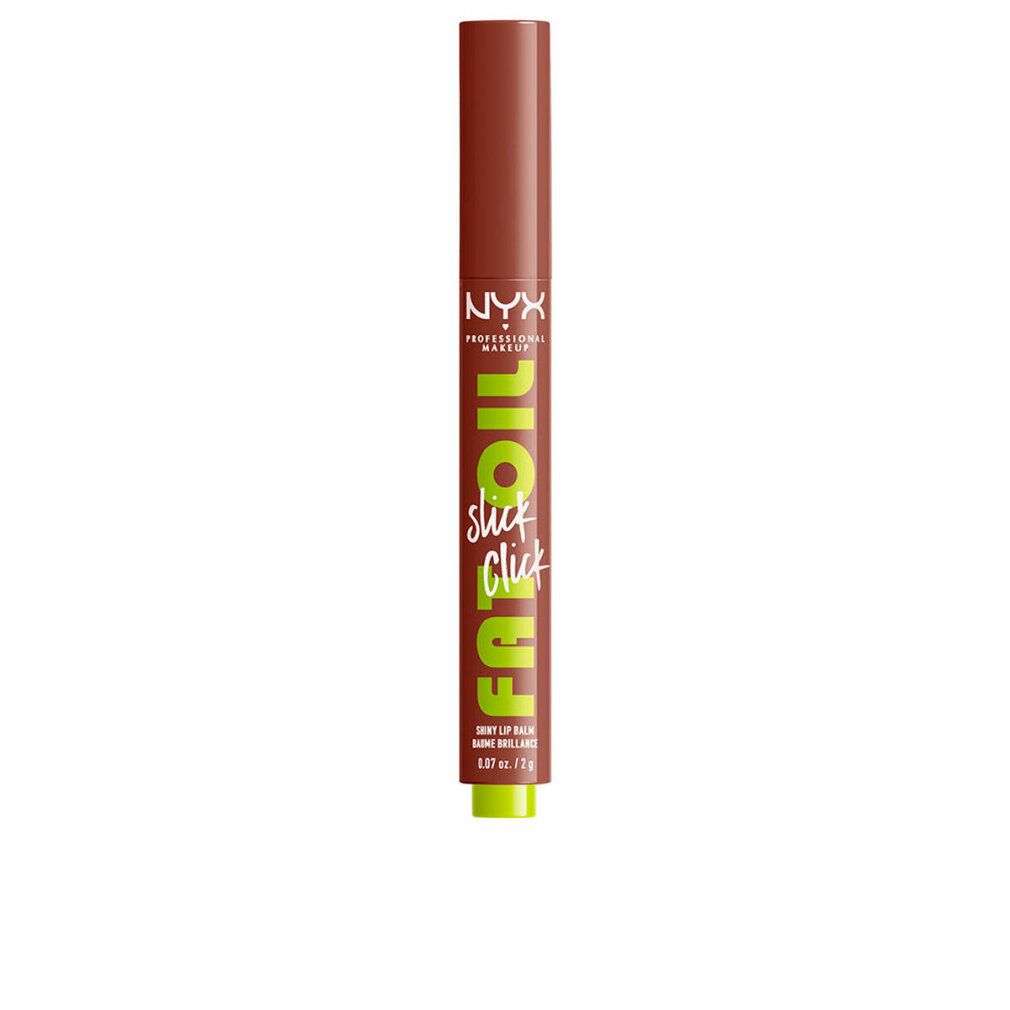 Balsamo labbra cilindrico marrone e verde. Scritta: FAT OIL slick click, NYX Professional Makeup. 0.07 oz / 2 g.