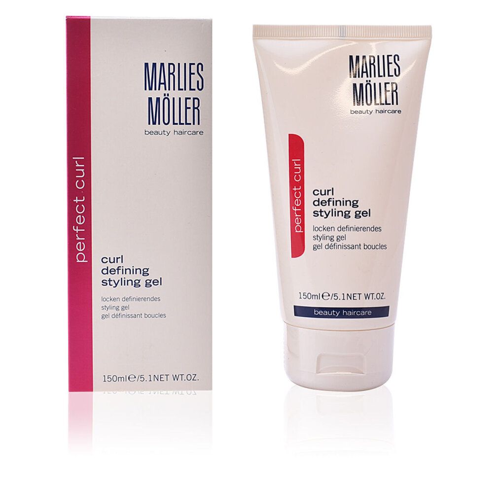 Confezione e tubo. Tubo: bianco, testo "curl defining styling gel". Confezione: bianca, testo "perfect curl". Marchio: Marlies Möller.