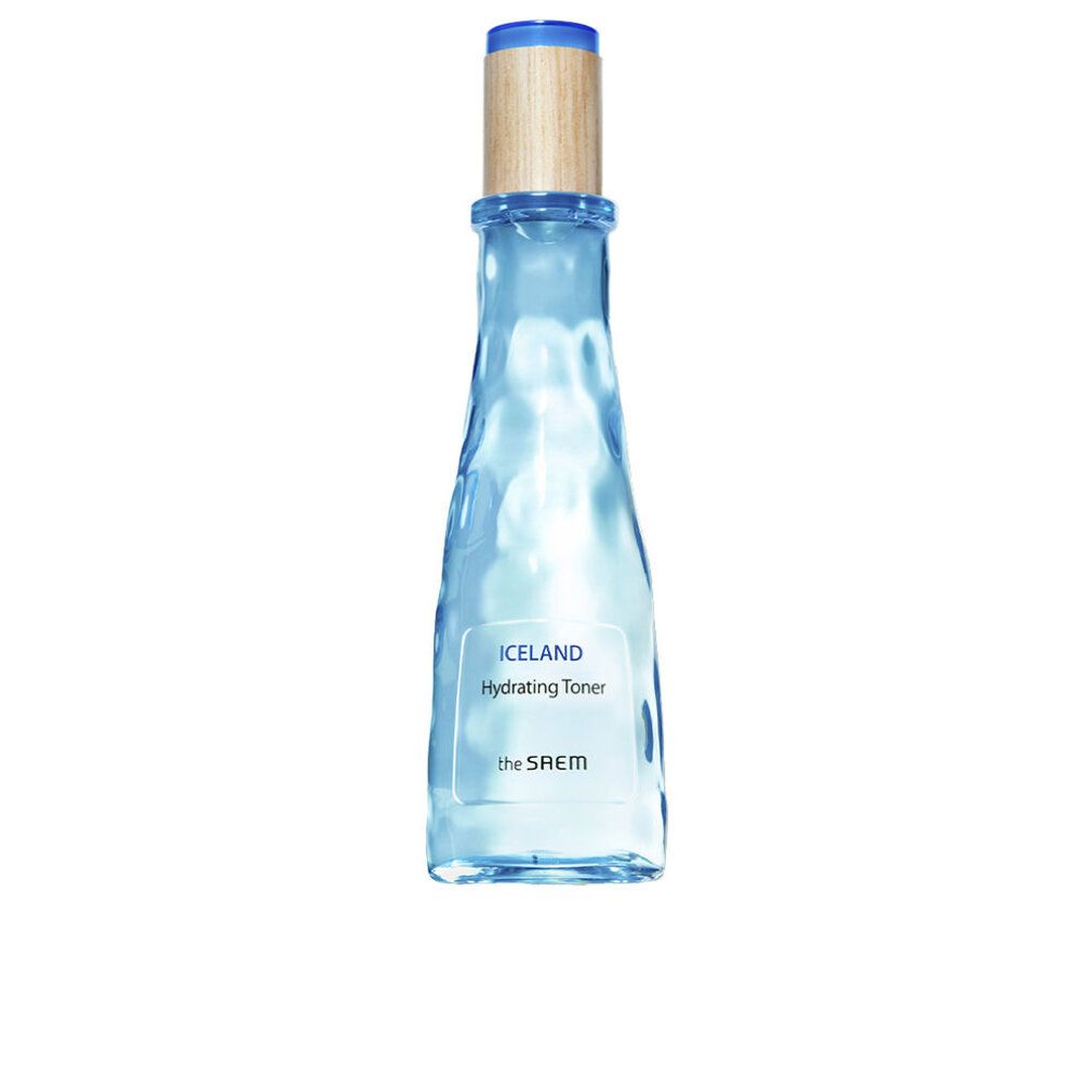 Flacone blu con tappo in legno. Scritta "Iceland Hydrating Toner" e "the SAEM".
