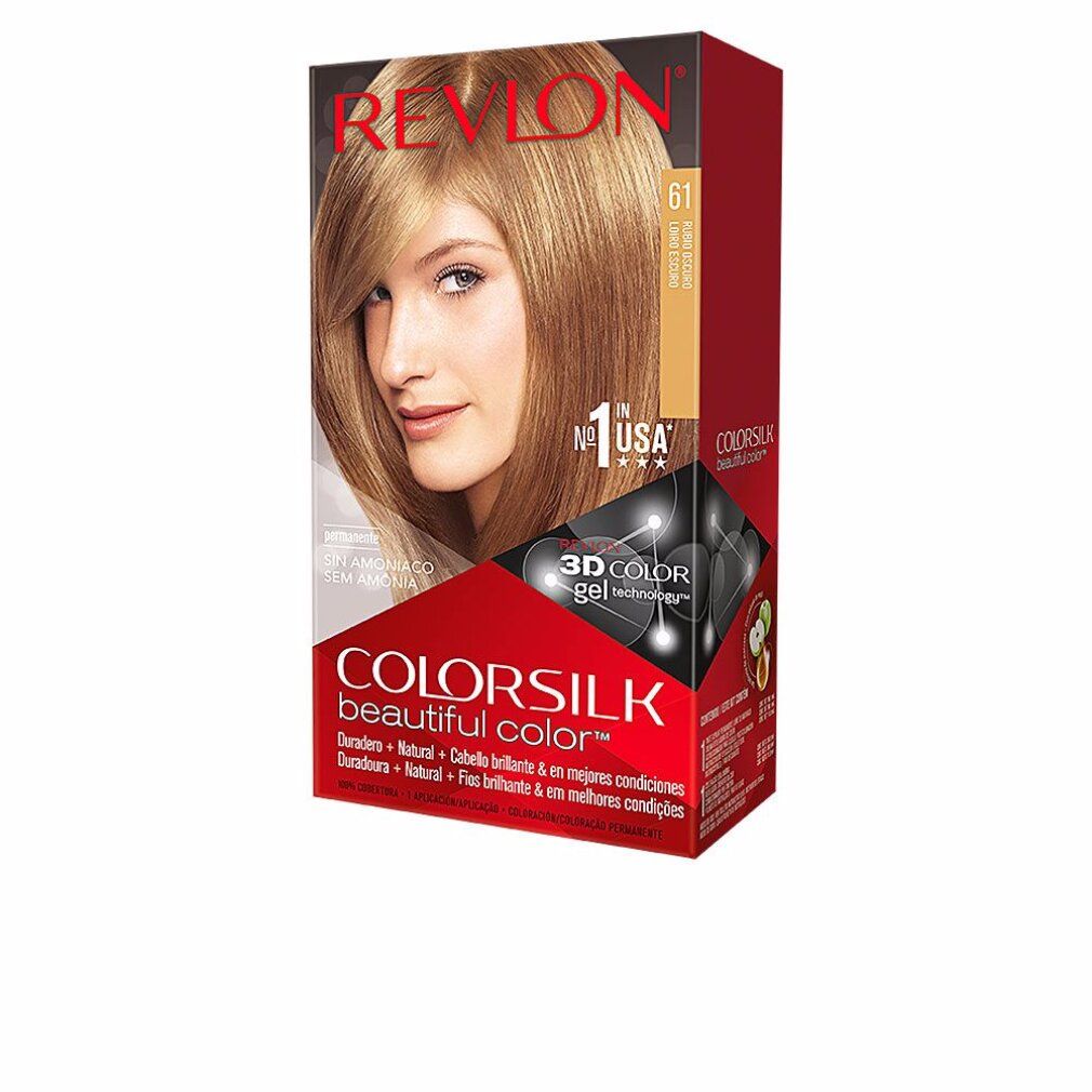 Confezione di tinta per capelli Revlon Colorsilk 61 Dark Blonde. Donna bionda. Testo: 3D Color Technology, senza ammoniaca. Confezione angolata.