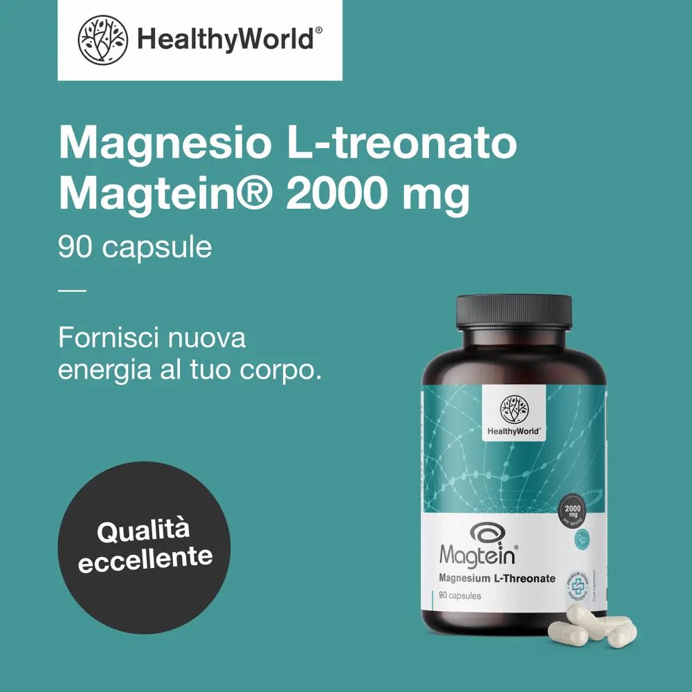 Immagine del prodotto: flacone di capsule. Testo: Magnesium L-treonato Magtein® 2000 mg, 90 capsule. Testo: Qualità eccellente. Logo: HealthyWorld.