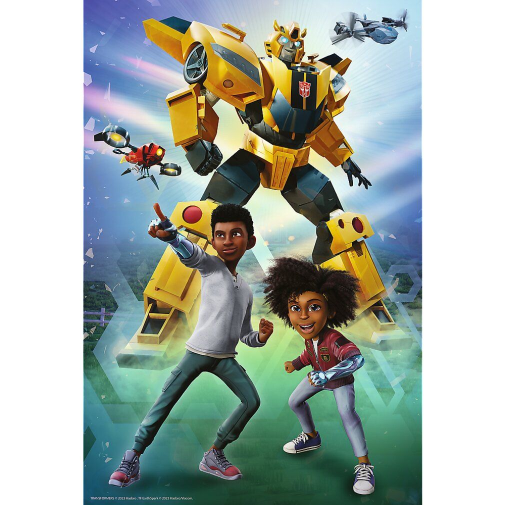 Poster con robot giallo e due bambini. Sfondo con elementi blu e verdi. Senza informazioni sul prodotto.