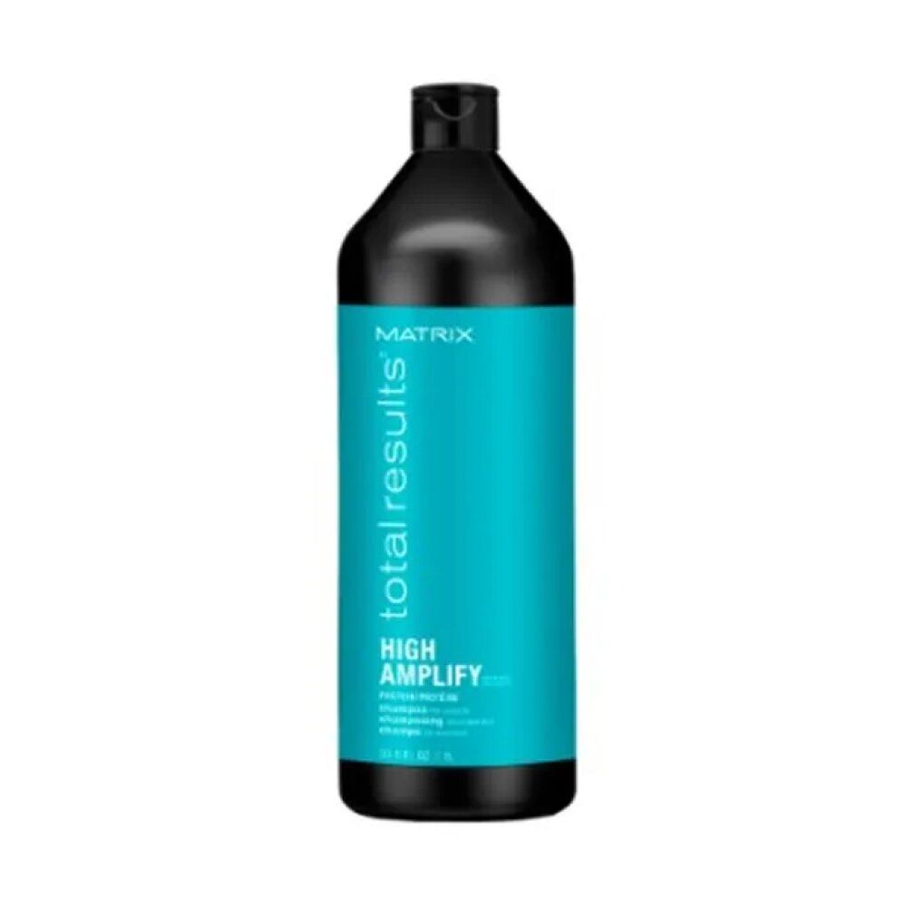 Flacone di shampoo Matrix Total Results High Amplify. Nero e turchese, con nome del prodotto e indicazione del volume.
