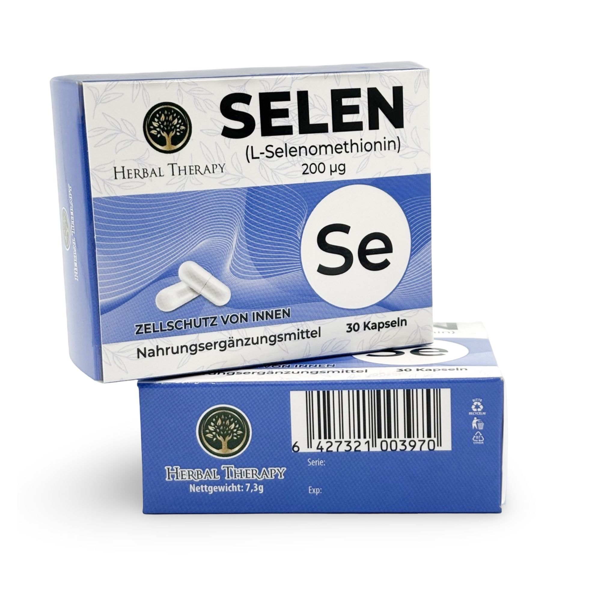 Due scatole "SELEN (L-Selenometionina) 200 μg". La scatola inferiore mostra il retro con codice a barre. Marchio: Herbal Therapy. 30 capsule.