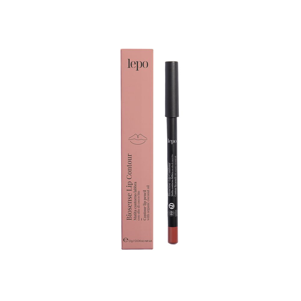 LEPO Biosense Lip Contour. Matita labbra e confezione. Confezione rosa con nome del prodotto. Matita nera con mina marrone.