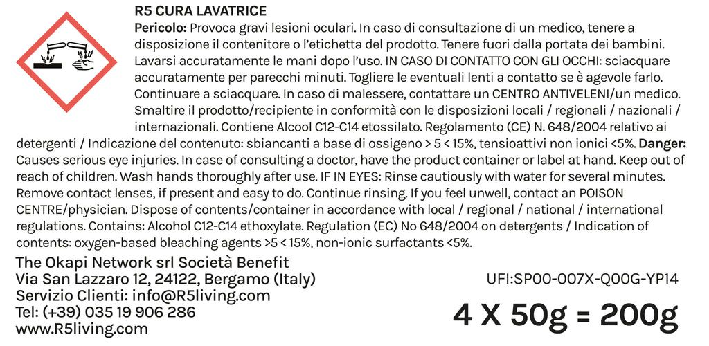 Testo su sfondo bianco. Contiene informazioni sugli ingredienti, avvertenze e recapiti del produttore.