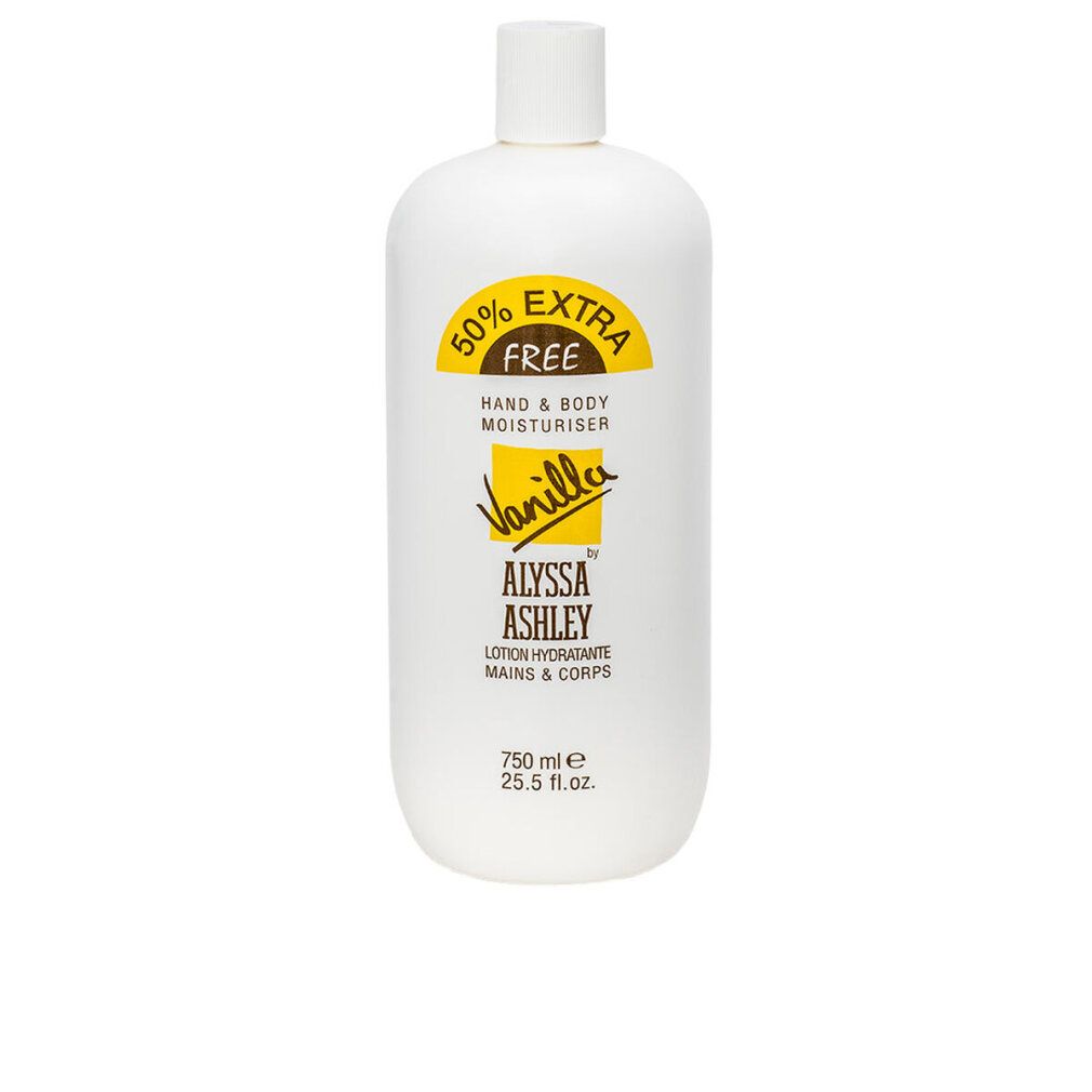 Flacone bianco con etichetta gialla. Scritta: 50% EXTRA FREE, HAND & BODY MOISTURISER, Vanilla, ALYSSA ASHLEY. 750 ml.