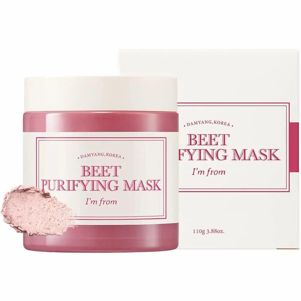 Maschera viso e confezione. Testo: BEET PURIFYING MASK, I'm from. Confezione con 110g 3.88oz.