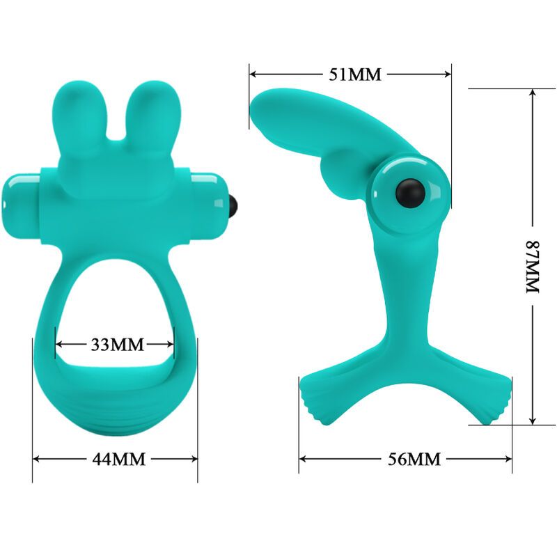 Vibratore turchese con orecchie di coniglio e anello, con dimensioni.
