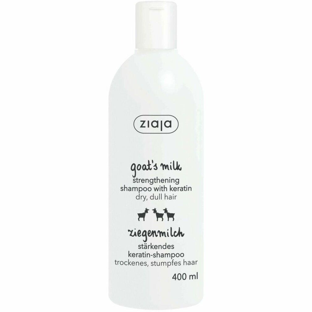 Flacone bianco Ziaja. Testo: goat's milk, Ziegenmilch. Capacità 400 ml.