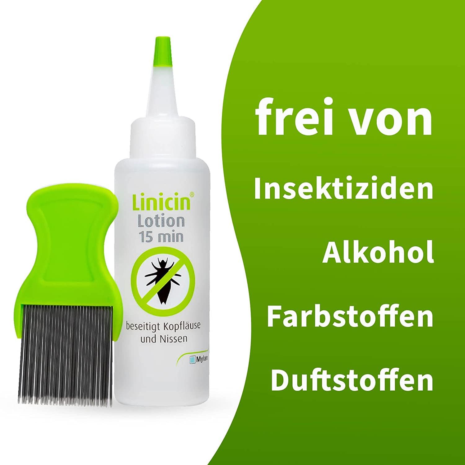 Linicin Lotion, flacone bianco, pettine verde. Testo: senza insetticidi, alcol, coloranti, profumi.