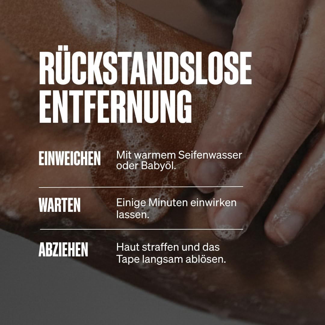 Rimozione del nastro kinesiologico: Immergere con acqua tiepida/olio, rimuovere lentamente.