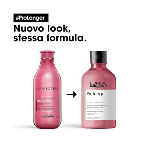 Due flaconi di shampoo. Testo: Nuovo look, stessa formula. Logo: L'Oréal Professionnel, Pro longer, Serie Expert.