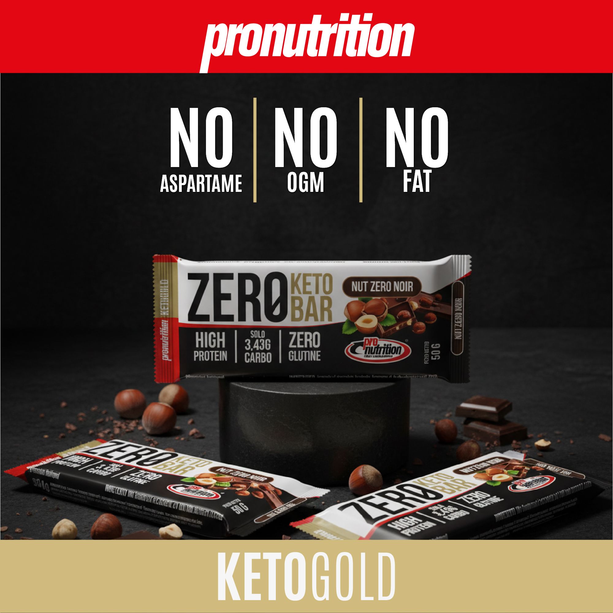 Pronutrition Zero Keto Bar. Scritta: Zero Keto Bar, Nut Zero Noir, High Protein, Zero Carbo, Zero Glutine. No aspartame, OGM, grassi.