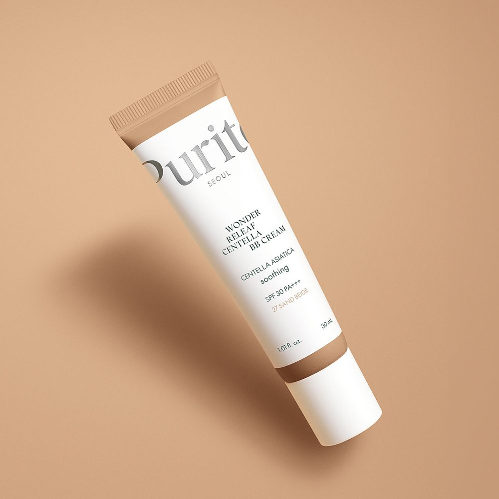 Tubo inclinato PURITO Wonder Releaf Centella BB Cream, tonalità 27 Sand Beige, SPF 30 PA+++. Tubo bianco, tappo marrone.