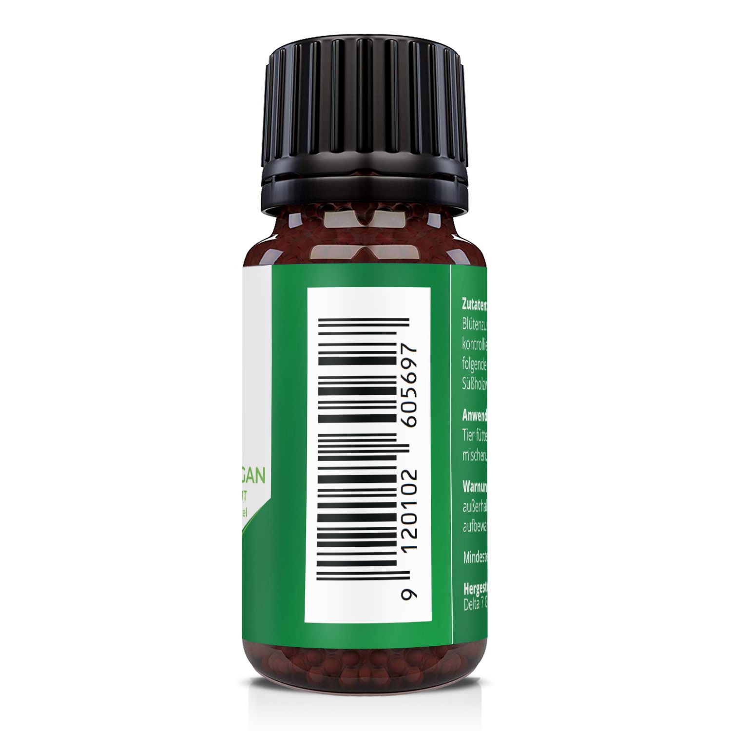 Retro del flacone di vetro marrone con tappo nero. Codice a barre e testo: 9 120102 605697.