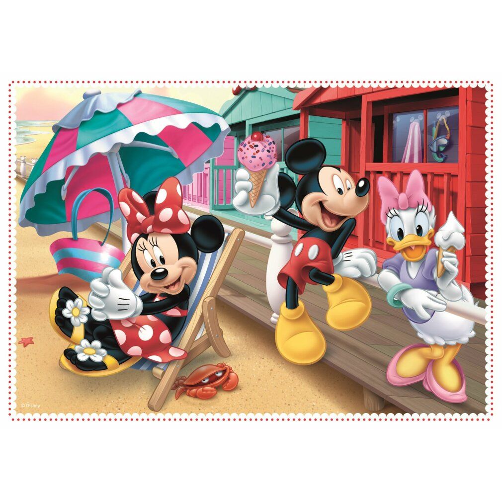 Puzzle con Minnie, Topolino e Paperina sulla spiaggia. Topolino tiene un gelato. Minnie è su una sedia a sdraio.