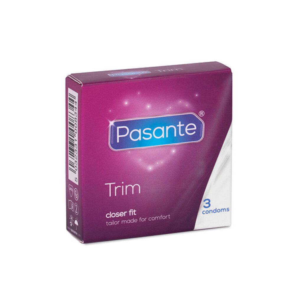 Confezione di preservativi Pasante Trim. Contiene 3 preservativi. Confezione viola con nome del prodotto e cuore.