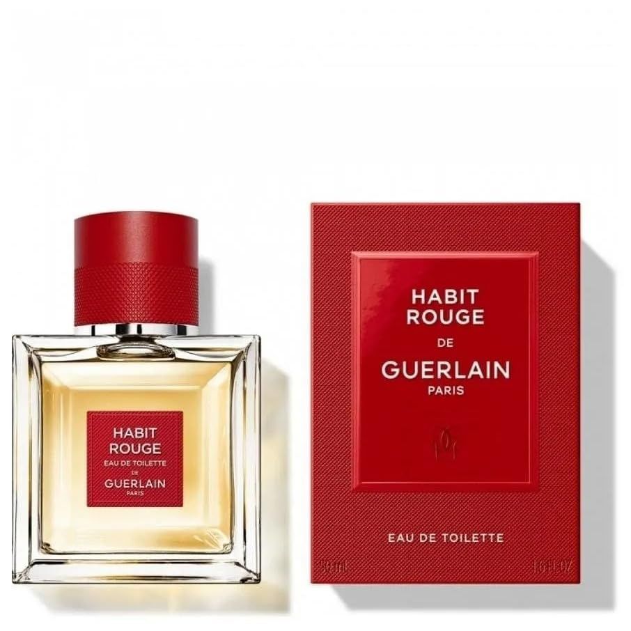 Flacone di profumo e scatola. Flacone quadrato, tappo rosso. Scatola rossa con "HABIT ROUGE DE GUERLAIN".
