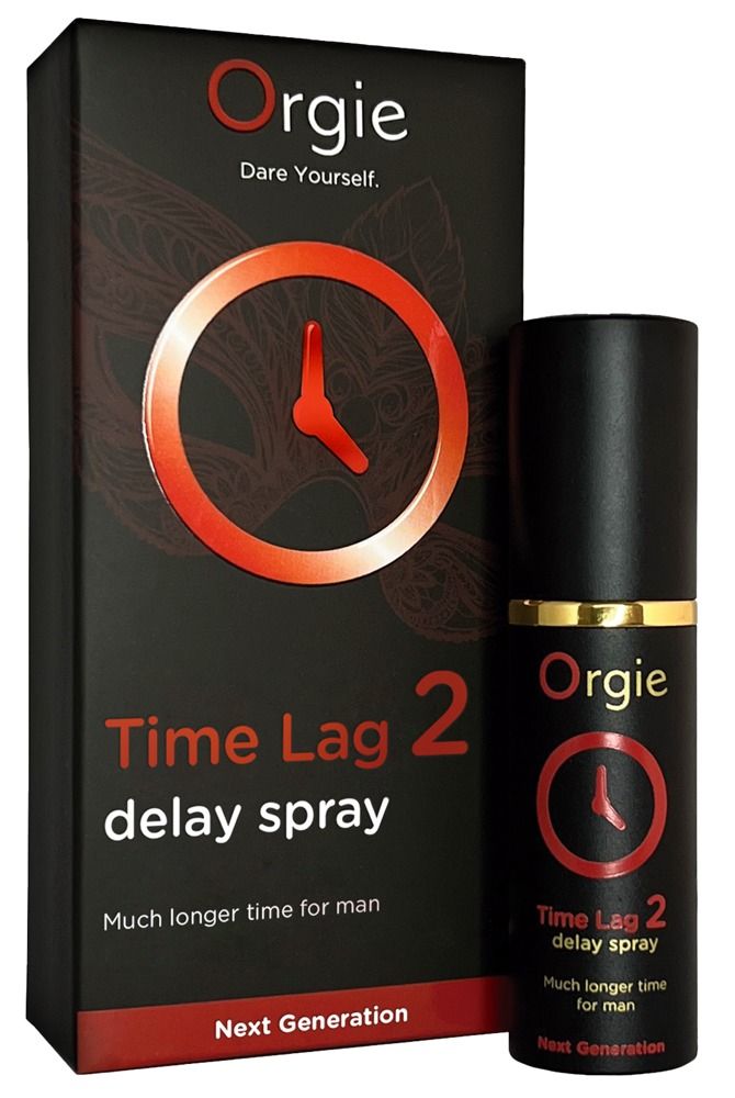 Flacone e confezione neri. Logo e nome del prodotto. Cerchio rosso con orologio. Testo: Time Lag 2 delay spray. Più tempo per l'uomo.
