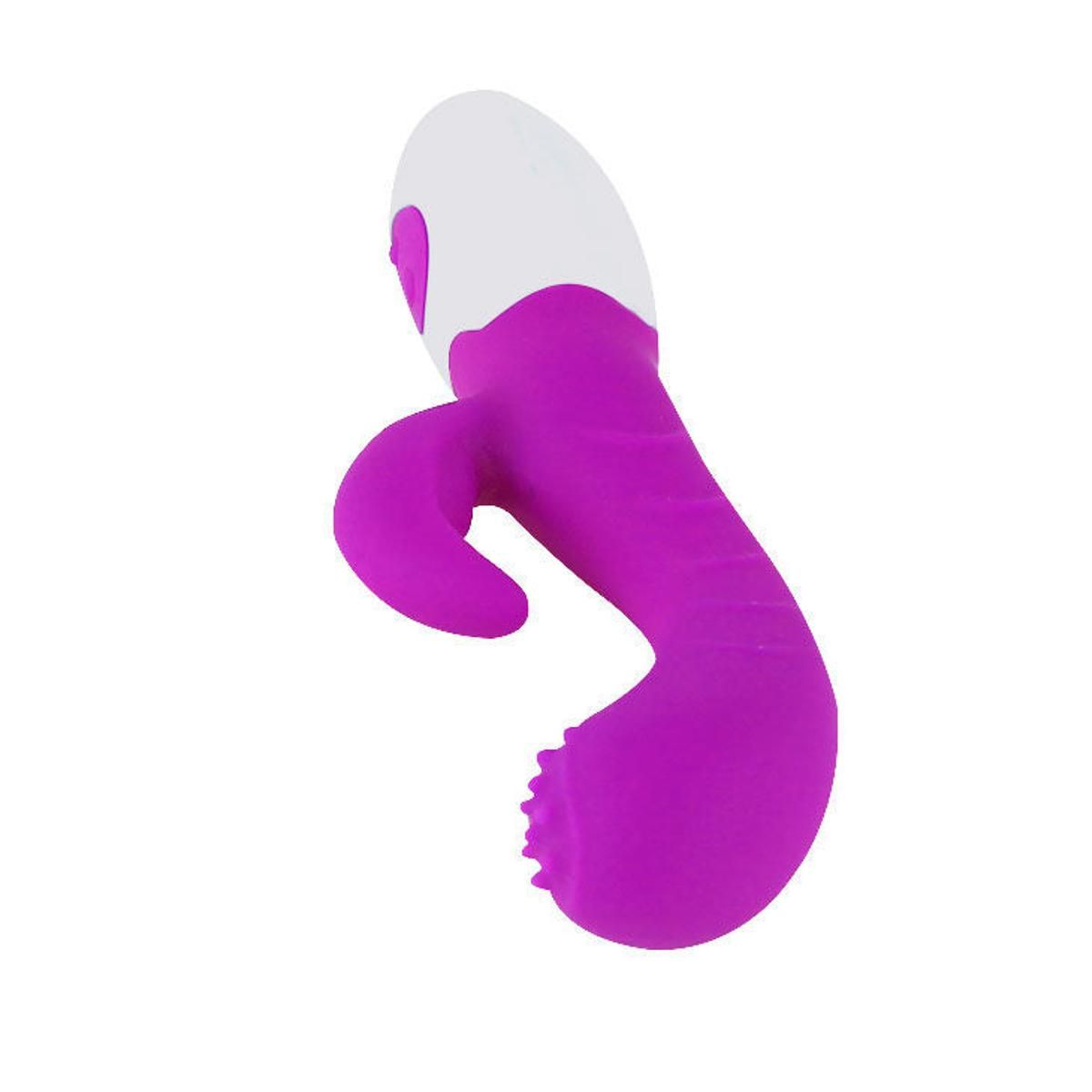 Vibratore lilla e bianco, forma curva, orecchie di coniglio. Pulsante sull'impugnatura. Testa con noduli.