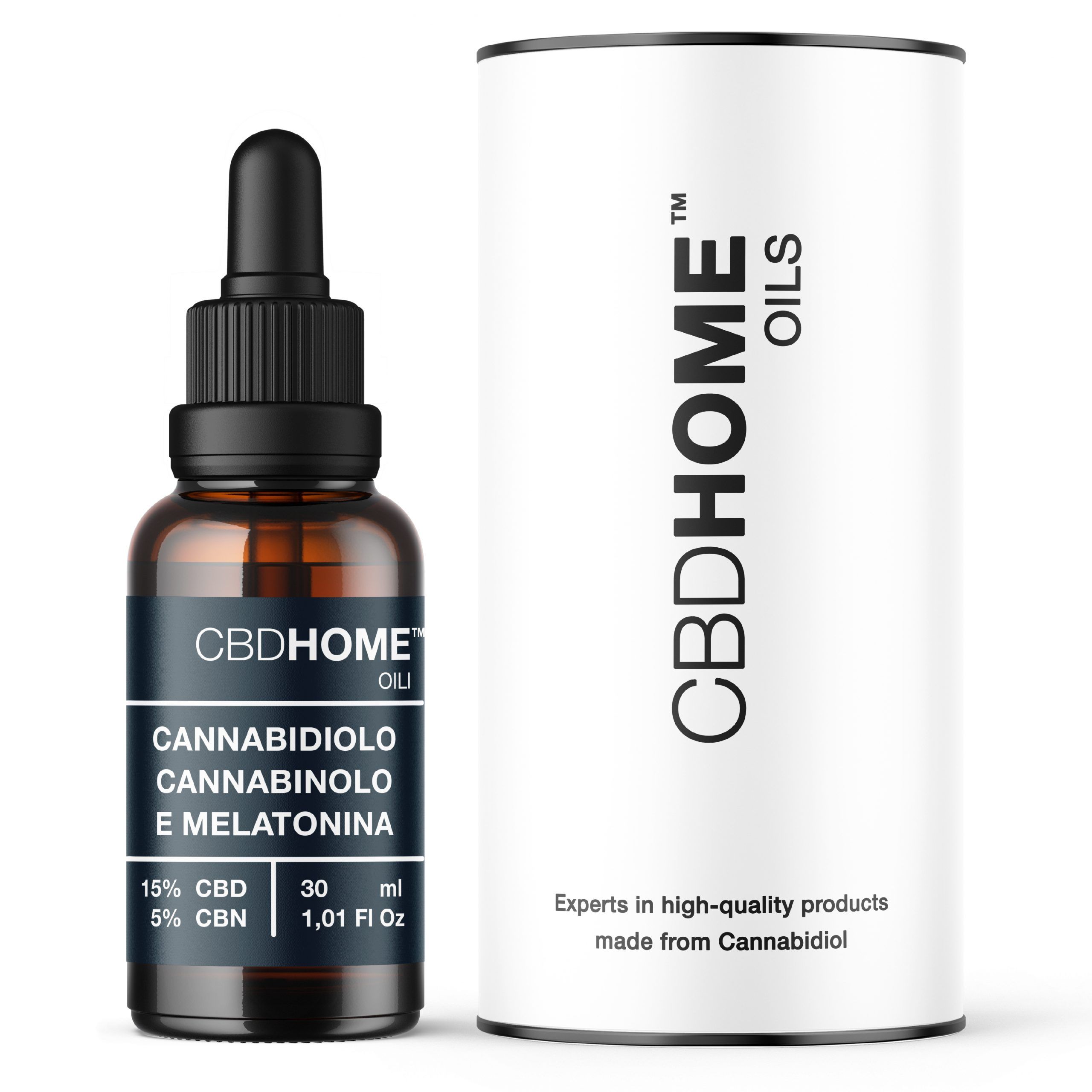 Flacone di olio CBD HOME con contagocce e confezione cilindrica. Contiene 15% CBD, 5% CBN.