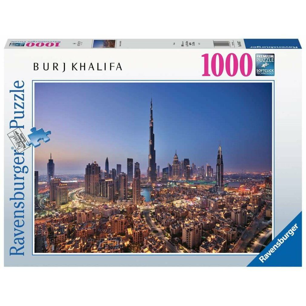 Scatola di puzzle con motivo di Dubai. Scritta 'BURJ KHALIFA' e '1000'. Marca: Ravensburger. Pezzo di puzzle raffigurato.