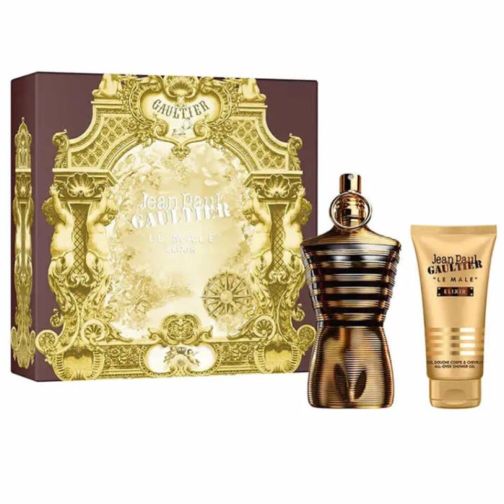 Set regalo con flacone, tubo e scatola. Flacone a forma di torso, dorato. Tubo e scatola con scritta.