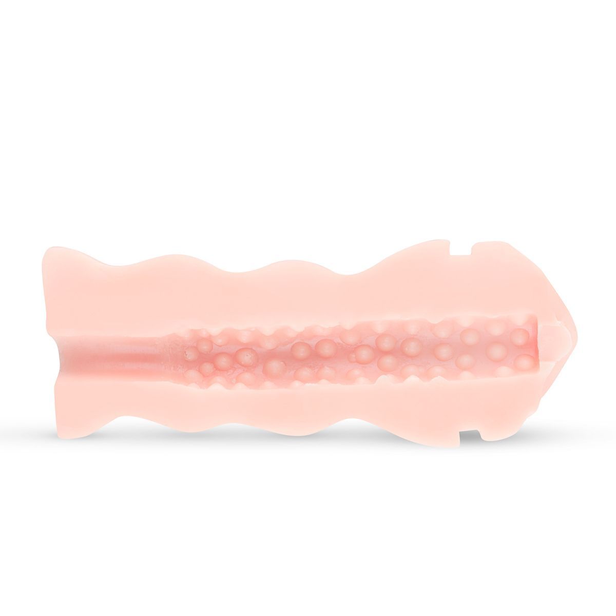 Inserto masturbatore rosa con struttura interna scanalata. Forma allungata, estremità arrotondate.