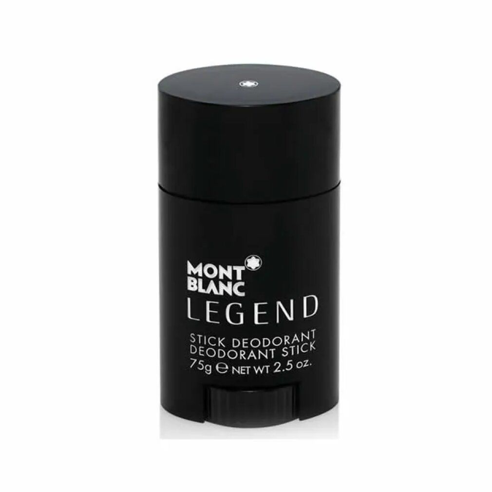 Stick deodorante nero. Scritta: MONTBLANC LEGEND, STICK DEODORANT, 75g e NET WT. 2.5 oz.