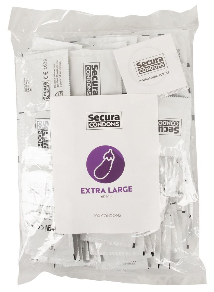 Preservativi Secura Extra Large, 100 pezzi, in sacchetto di plastica. Fronte con simbolo.
